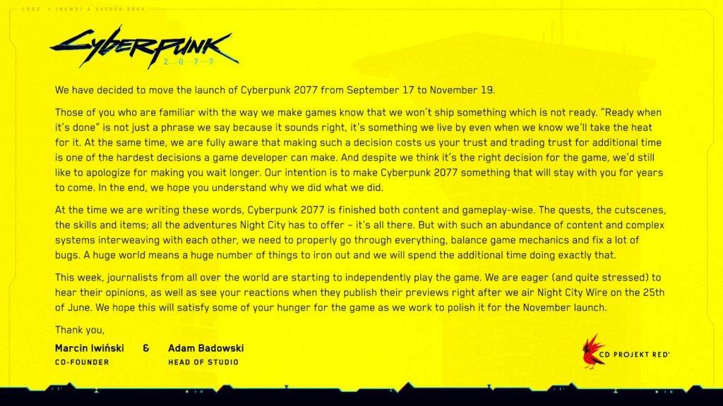 Дата выхода Cyberpunk 2077 вновь перенесена – теперь на ноябрь: с сайта NEWXBOXONE.RU