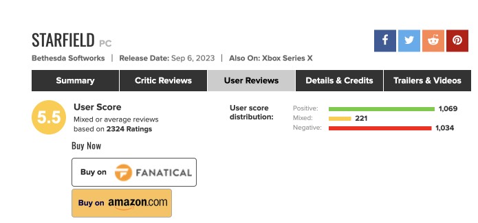 Рейтинг Starfileld на Metacritic уничтожили из-за "отсутствия версии для Playstation 5": с сайта NEWXBOXONE.RU