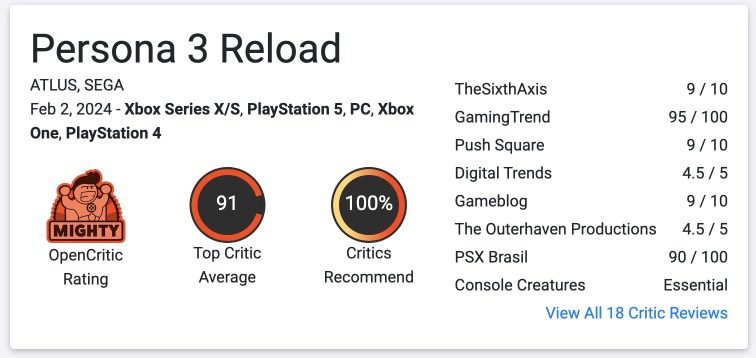Persona 3 Reload получает очень высокие оценки от критиков, игра выйдет в Game Pass: с сайта NEWXBOXONE.RU